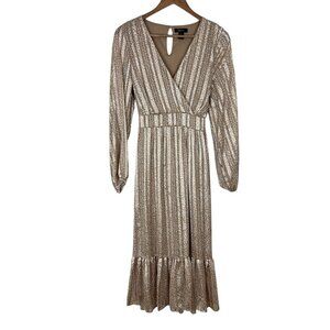 Japna Maxi Dress Womens Large Beige Animal Print Belted Waist Long Sleeve V-Neck